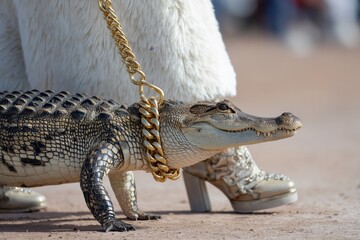 Stylish woman walking pet crocodile on gold chain, wearing fur and high heel boots in luxurious setting