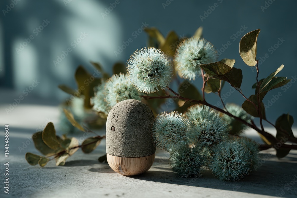 Aufkleber Decorative white spherical vase sits on a ledge in a brightly lit room, with geometric blocks in the background creating an elegant indoor setting