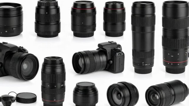 Collection of multiple digital single-lens reflex cameras and various lenses displayed against clean white background