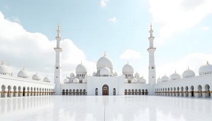 Obraz premium Magnificent White Mosque Islamic Architecture, Golden Domes, Courtyard Serenity
