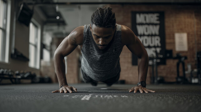 Man doing burpees on gym mat with motivational posters around