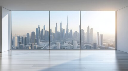 Bright white interior with large window view of high-rise city skyline. Perfect for real estate mockups, architecture designs, and lifestyle visuals