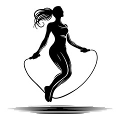 Black and white silhouette of a girl jumping rope on a white isolated background. Vector graphics. EPS.