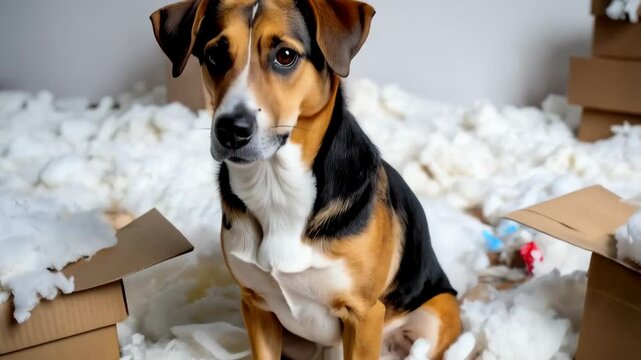 Guilty dog surrounded by destroyed cardboard boxes and fluffy stuffing on the floor in an indoor setting representing mess and disobedience