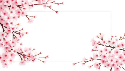 Fototapeta premium Floral frame design with blooming cherry blossom branches and white border