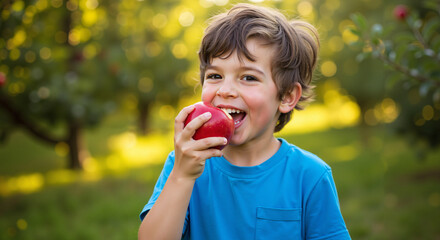 Happy boy eating red apple in apple orchard during sunny day  