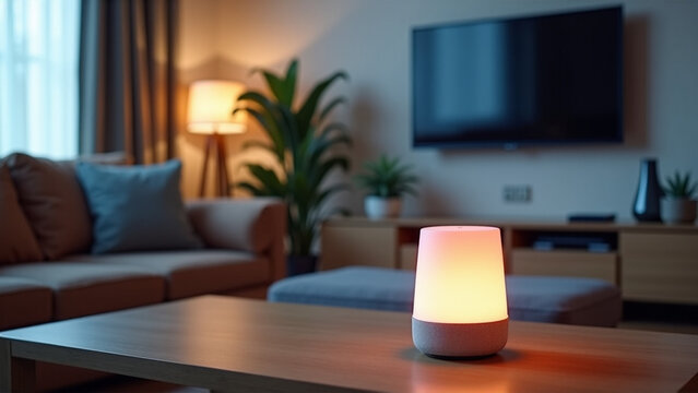 Smart lamp glowing softly on coffee table in modern living room  