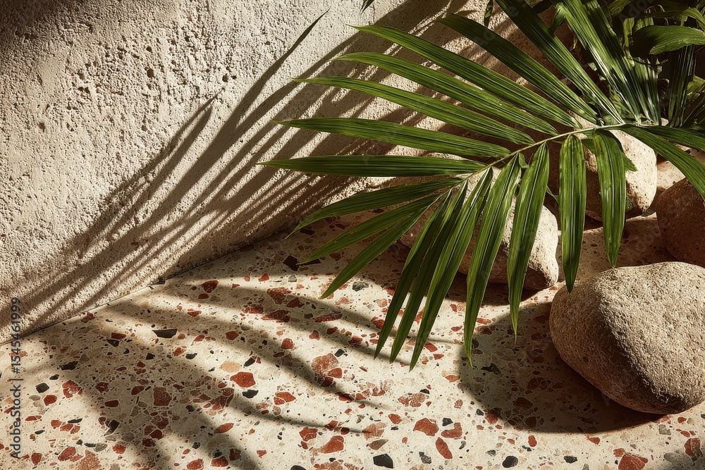Poster sunlight and shadows dance around a leaf in a vase on a terrazzo surface, capturing the essence of a