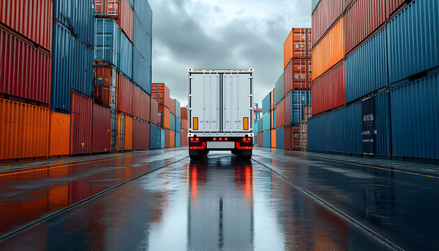White truck parked between colorful shipping containers in industrial port terminal. Global logistics, transportation