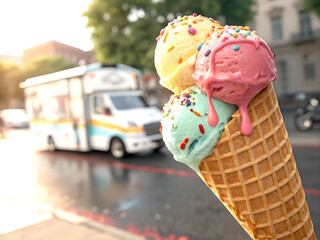 Close-up of an ice cream cone with ice cream truck background