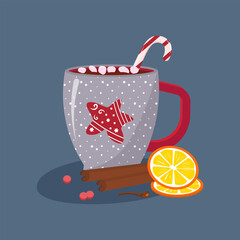 Christmas mug with decorative star. Cup of hot cocoa and marshmallows. New Year and Christmas. Orange slices, cloves, cinnamon and pink pepper. Vector illustration