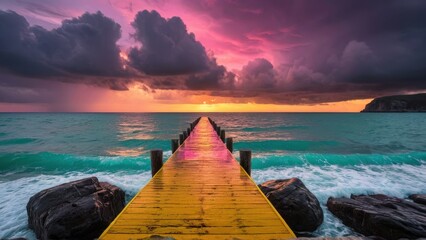 Peeling bright yellow wooden pier stretching into turquoise sea, dramatic dark storm clouds and sunset hues (orange, pink, purple), dark grey rocky cliffs create a striking coastal scene.