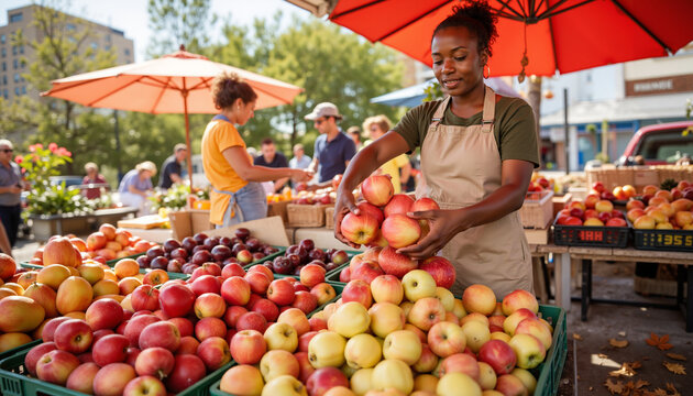 Young black woman selling apples at farmers market on a sunny day  
