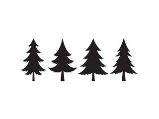 Silhouette of four fir trees in black isolated on white background for design elements