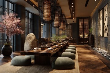 Elegant restaurant interior featuring dark wood table, round seat cushions, tall lanterns, and blooming tree displays an exquisite dining experience
