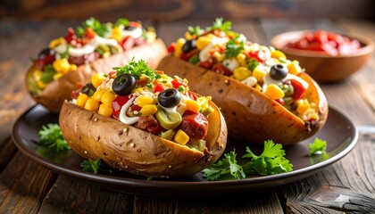 Kumpir Baked Potato with Colorful Toppings. Traditional Turkish Food