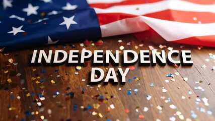 Independence Day celebration with American flag and confetti on wooden surface - Powered by Adobe