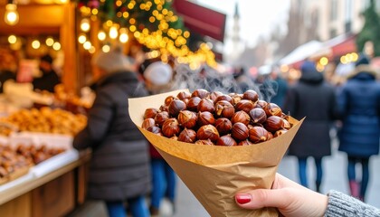 Freshly Roasted Chestnuts in Paper Cone. Traditional Turkish Food