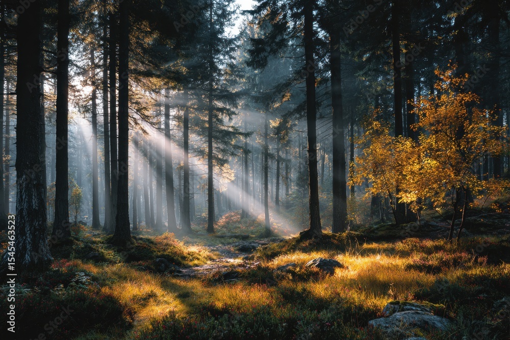 Aufkleber Sunlight streams through the dense trees illuminating the footpath and fern glades in a tranquil morning in the forest