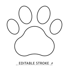 Paw print icon in minimal line style with editable stroke. Animal footprint symbol, pet care element, wild track for veterinary visuals, zoo themes, wildlife concept and domestic animal illustration.