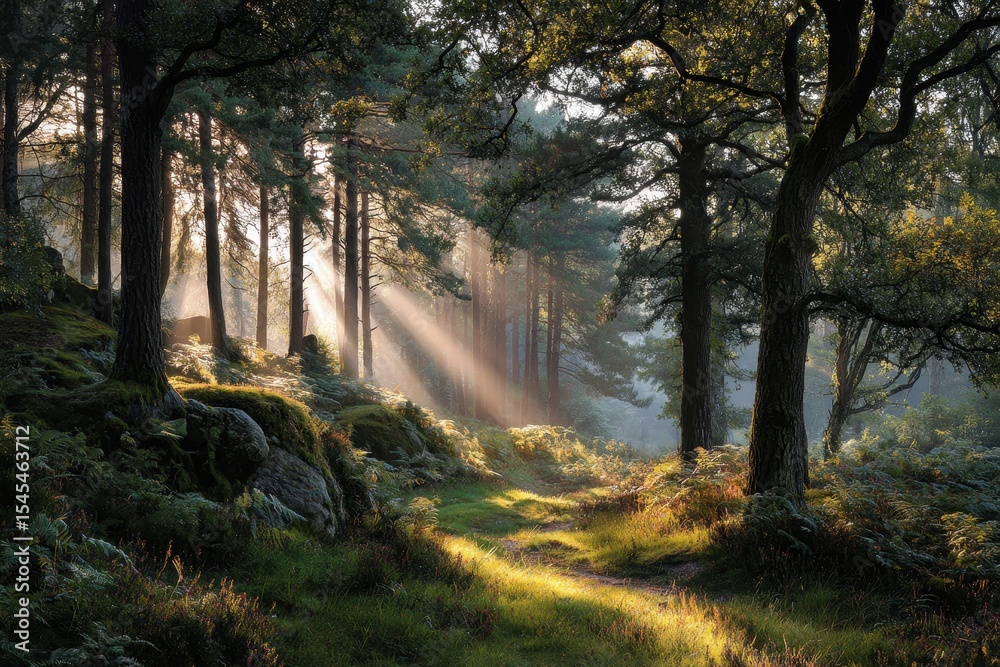 Poster Sunlight streams through the dense trees illuminating the footpath and fern glades in a tranquil morning in the forest
