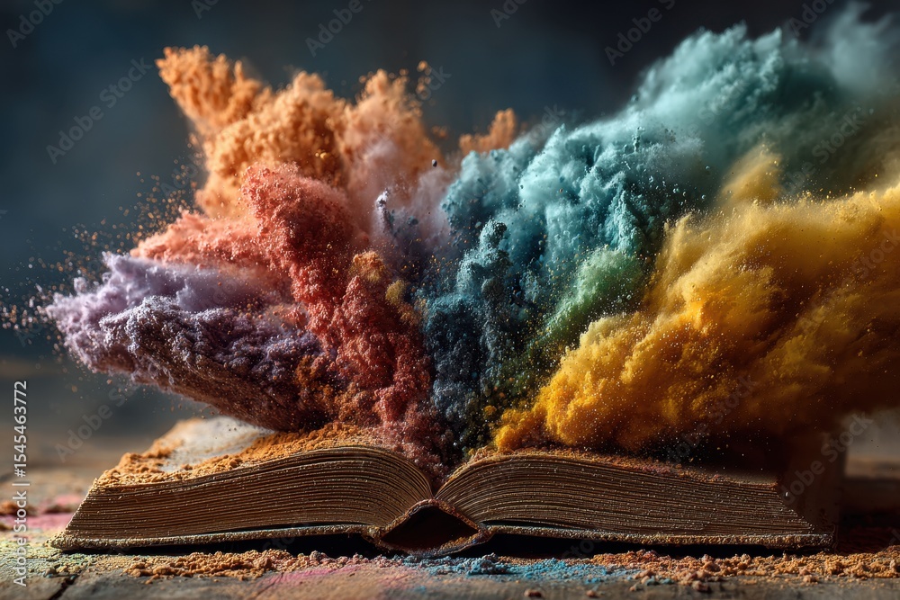 Poster open book with an explosion of colorful powders suggesting knowledge and imagination, conveying powe