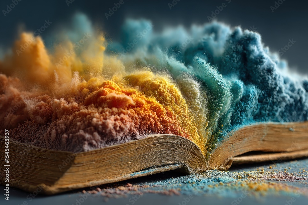 Poster open book with an explosion of colorful powders suggesting knowledge and imagination, conveying powe