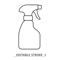 Spray bottle icon in minimal line style with editable stroke. Cleaning product, disinfectant container, sanitation tool for hygiene visuals, household care, surface cleaning