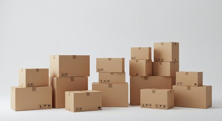Group of stacked, closed cardboard boxes of varying sizes on a white surface, suggesting storage or shipping.