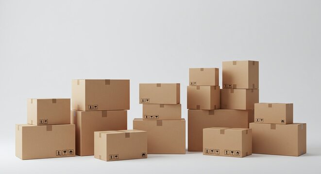 Group of stacked, closed cardboard boxes of varying sizes on a white surface, suggesting storage or shipping.