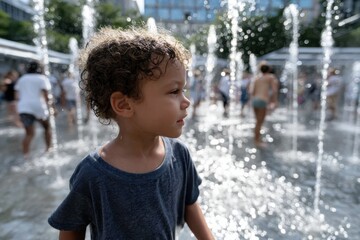 A curly-haired child stands amazed in a water fountain, surrounded by playful splashes and laughter, capturing the joy and innocence of childhood on a warm sunny day.