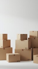 Fototapeta premium Stacked cardboard boxes, ready for moving or shipping, against a plain white background.