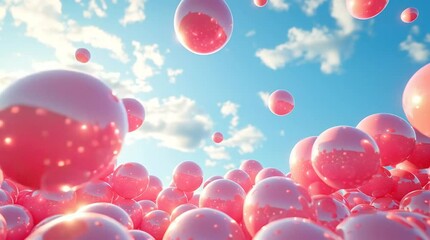 A surreal and vibrant scene featuring numerous glossy pink spheres floating above and across a reflective surface under a bright blue sky with scattered clouds. - Powered by Adobe