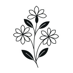 Three black outline flowers with leaves in minimalist style  