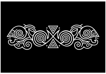 Tribal geometric pattern design in white on black background  