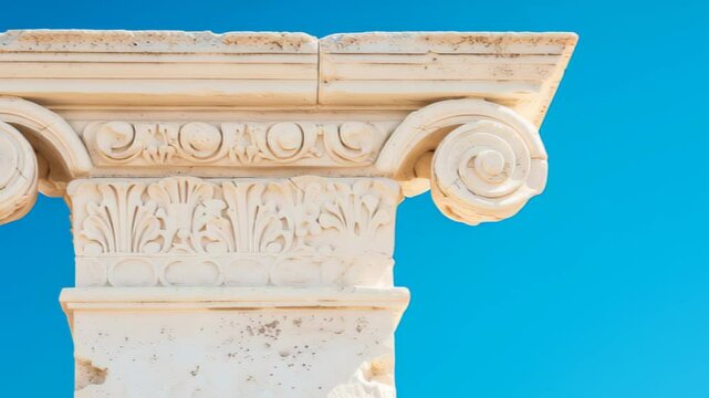 Panning shot of a classic ionic column capital against a clear blue sky. Use for content about law, finance, government, education, or history