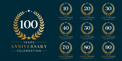 Set of vector icon or logo designs for 10th to 100th anniversary with laurel wreath, in gold color for celebrations, weddings and birthdays