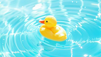 A yellow rubber duck floating in a sparkling blue swimming pool. Scene for childhood memories, summer vacation promotion, or content about pool safety
