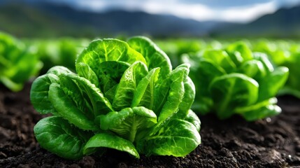 Fresh romaine lettuce thrives in rich soil, showcasing vibrant green leaves that invite a healthy lifestyle, perfect for salads and culinary creations in any kitchen.