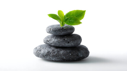 Obraz premium A zen stack of three dark stones with a small green plant growing out of the top stone on white background