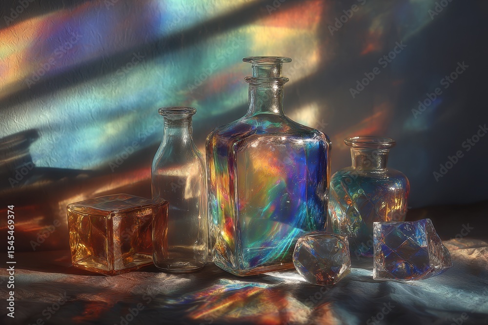 Aufkleber Glass bottles and objects create rainbow light reflections on a cloth during daytime, showing transparent containers with beautiful colorful patterns