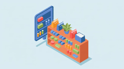 Isometric illustration of an online store interface on a tablet next to a retail shelf with products and shopping bags.
