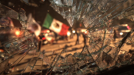 Cracked windshield view of California street riot with Mexican flags waving