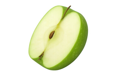 Green apple cut in half showing seed and stem, isolated on transparent background, ideal for healthy eating and lifestyle projects