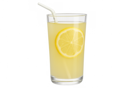 Chilled lemonade glass featuring striped straw, fresh lemon slice, transparent backdrop highlighting cool summer beverage design - Powered by Adobe