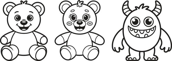 Three Cute Cartoon Characters Black and White Line Art Illustration Two Teddy Bears One Friendly Monster