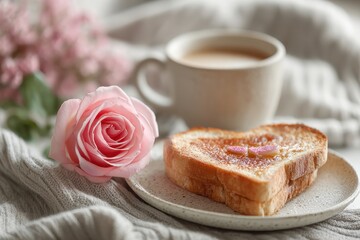 Toast with fried egg, ricotta, and strawberries on a pink plate next to a teacup and a pink rose on a rustic wooden table for a morning breakfast