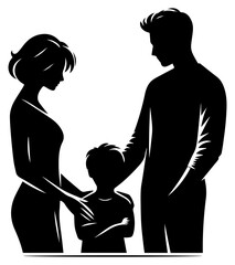 A black and white silhouette of a loving family of a father, mother and child on a white isolated background. Vector graphics. EPS.