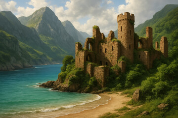 Enchanted Coastal Ruins A Majestic Stone Castle Overlooking Serene Waters, Nestled Amongst Lush Mountains