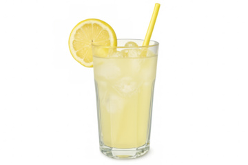Refreshing lemonade with ice, lemon wedge, yellow straw, resting on transparent surface, perfect summer beverage concept